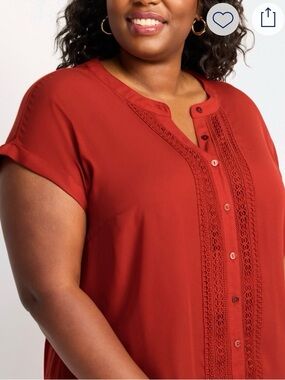 Fortune + Ivy Belinda Plus-Size Crochet-Trim Button Front Blouse in Rust